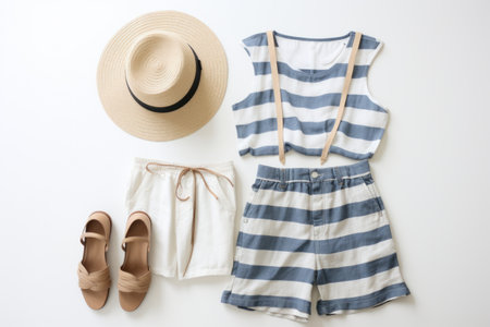 striped shorts, sandals and hat.の素材