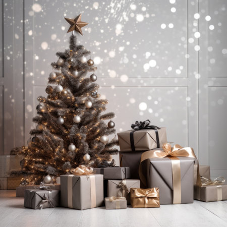 Decorated Christmas tree with presents in front of a white wallの素材