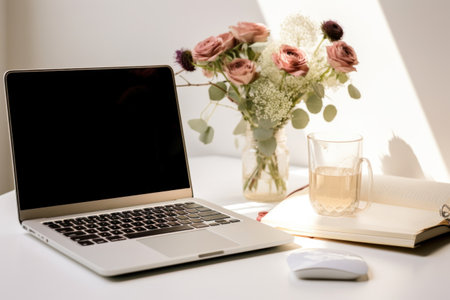woman's laptop on white table with notebook, flowers, plants, wine glasses.の素材