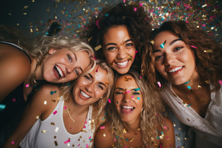 womens friends party at home with confettiの素材