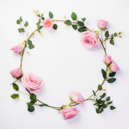 floral frame on a white background with pink roses and green.の素材