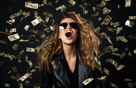 young blonde brunette woman posing with sunglasses in a black leather jacket.の素材