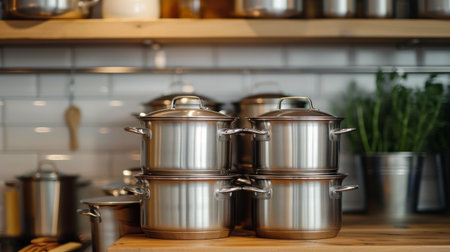 A stack of pots stand neatly on the kitchen shelfの素材