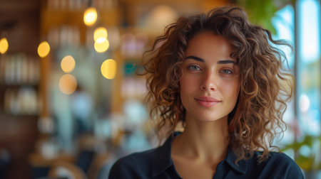 A beautiful curly woman hairdresser stands against a blurred background of a hairdressing salonの素材