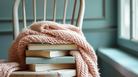 A stack of light books lies on a chair with a knitted light pink blanketの素材