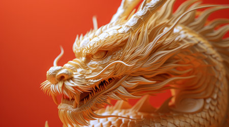 a golden dragon is on a red background.の素材