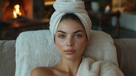 A beautiful girl with a white towel wrapped around her head lies on the couch in the centerの素材