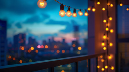 A garland of light bulbs hangs on a beautiful modern terraceの素材