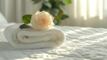 A folded white terry towel lies on a white bedの素材