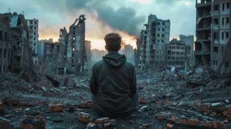 A young man sits with his back and looks at the ruins of a destroyed cityの素材