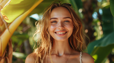 Beautiful girl smiles and looks at the camera while standing on a tropical islandの素材