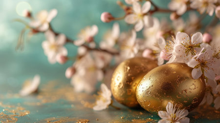 Golden Easter eggs with cherry blossoms lie on a delicate pastel backgroundの素材