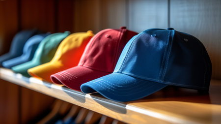Five multi-colored baseball caps lie on a shelf in a closet in a rowの素材