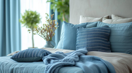 Modern bedroom. Bed with blue striped pillow and blue blanketの素材