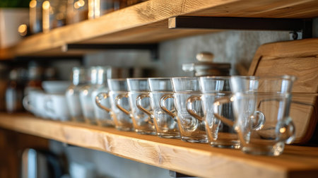 Glass elegant transparent cups stand in a row on the kitchen shelfの素材