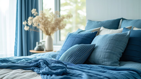 Modern bedroom. Bed with blue striped pillow and blue blanketの素材