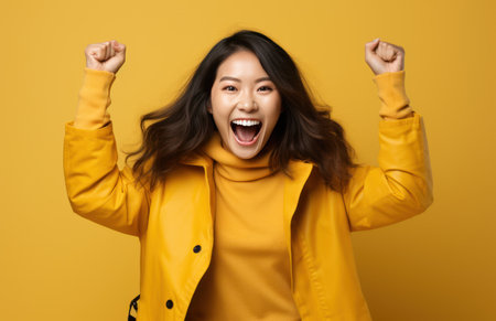 a beautiful Asian girl celebrating while smiling and holding onto her successの素材