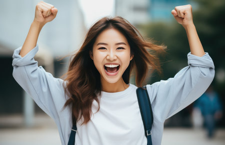 a beautiful Asian girl celebrating while smiling and holding onto her successの素材