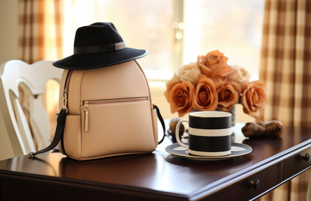 a bag and two hats sitting on top of table,の素材
