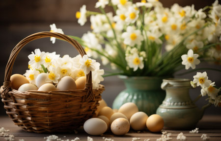 a basket full of easter eggs and flowers,の素材