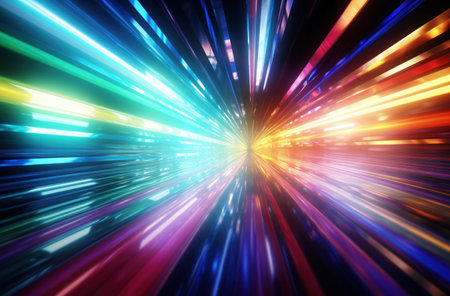 a bright green, blue, purple, and red light trail moving through some space,の素材