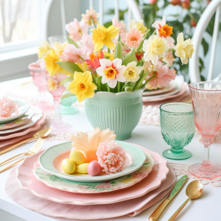 A bright and colorful Easter-inspired table setting with pastel-colored plates,の素材