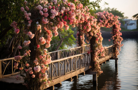 a bridge with flowers covered in plastic flowers on itの素材