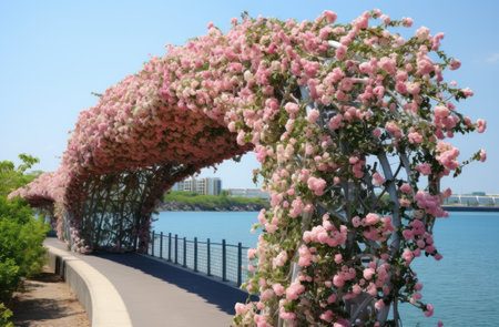 a bridge with flowers covered in plastic flowers on itの素材