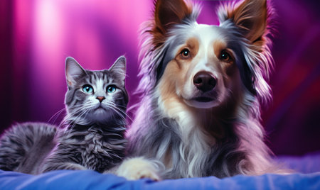 a cat and dog are sitting in front of a purple background,の素材