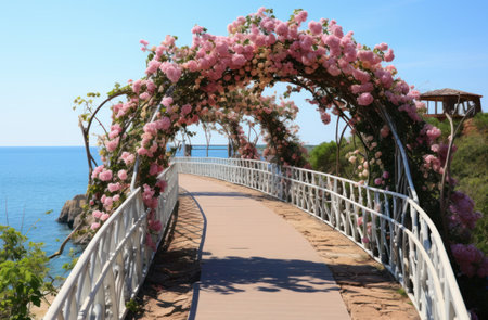 a bridge with flowers covered in plastic flowers on itの素材