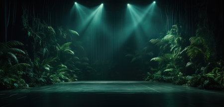 a dark room decorated with palms and leaves,の素材