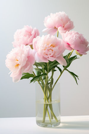A close-up of a bouquet of pink peonies in a glass vase against a white backgroundの素材