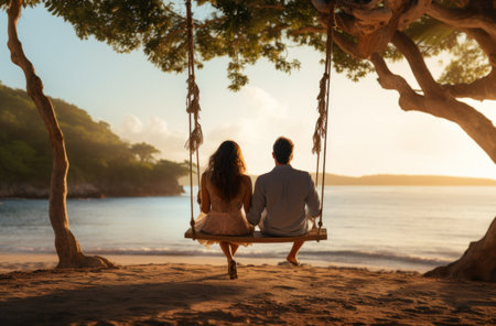 a couple sits on a swing on the beach,の素材
