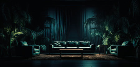 a dark room decorated with palms and leaves,の素材