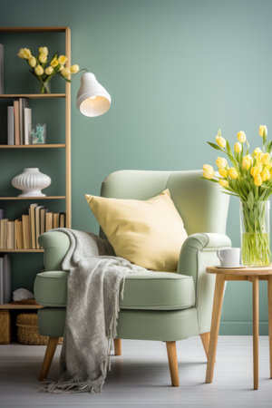 A cozy reading nook with a plush armchair,の素材