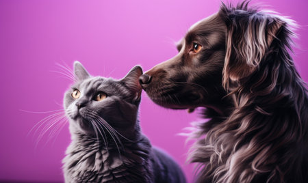 a dog and cat standing on a purple background,の素材