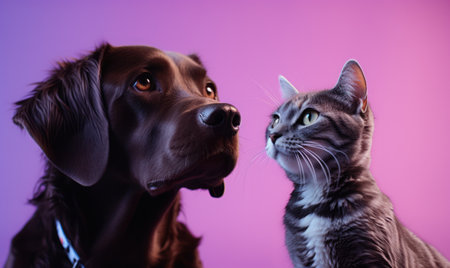 a dog and cat standing on a purple background,の素材