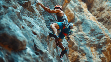 A rock climber scaling a steep cliff, muscles strained, gripping tightly to the rock faceの素材