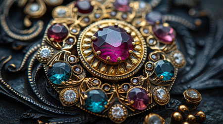 A close-up of an ornate vintage brooch, adorned with intricate engravings and shimmering gemsの素材