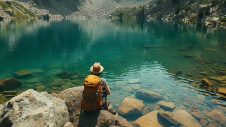 A serene lakeside moment, as a solo backpacker gazes into the clear water, lost in thought.の素材