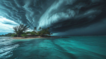 A powerful hurricane looms over a small island, with dark clouds and fierce winds.の素材