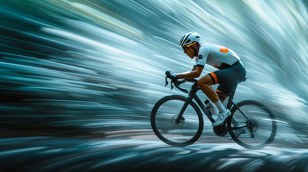 A cyclist speeding down a hill, clad in aerodynamic gear, in a blur of motionの素材
