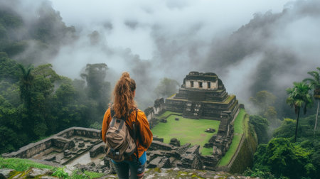 A solo traveler gazing at the ancient ruins , surrounded by misty mountains and lush greeneryの素材