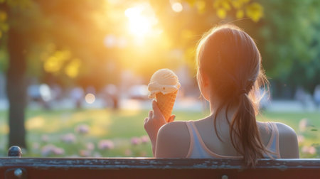 A girl eats ice cream while sitting on a park benchの素材