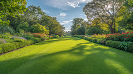A Manicured Lawn Encircled by Trees and Bushes Picture a stunning summer dayの素材