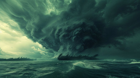 A powerful hurricane looms over a small island, with dark clouds and fierce winds.の素材