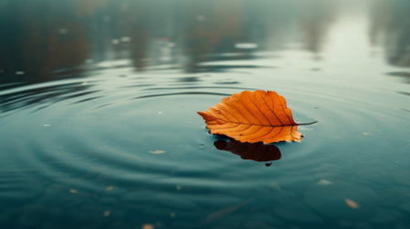 A single leaf floating on a calm pond, capturing minimalistic beauty in solitude.の素材