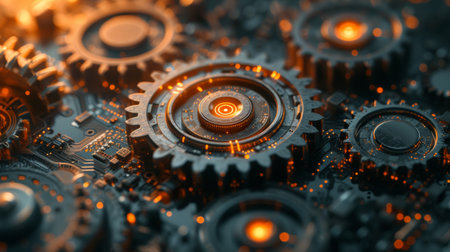 A fusion of mechanical gears and digital circuitry, symbolizing the convergence of technology and engineeringの素材