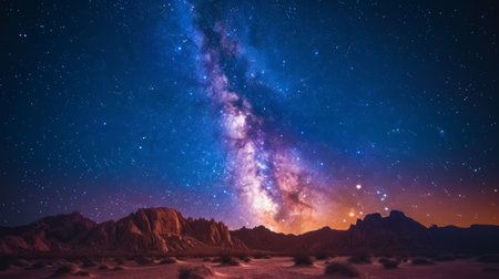 A starry night sky over a quiet desert, with a brilliant display of the Milky Way.の素材