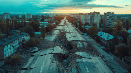A violent earthquake cracks open the ground, splitting roads and toppling buildingsの素材